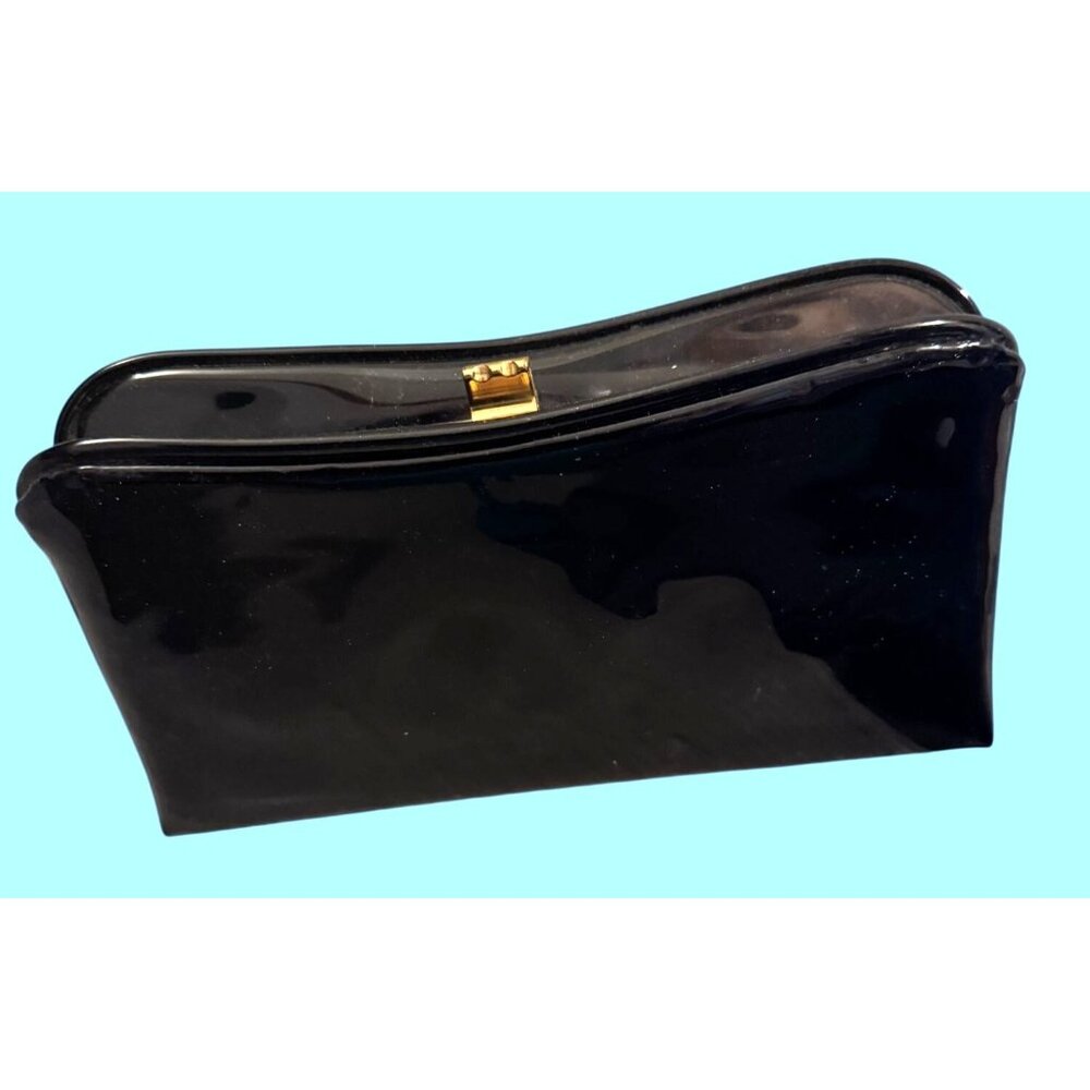 Vintage Black Patent Leather Clutch Purse Snap Closure Gold Tone Metal Frame